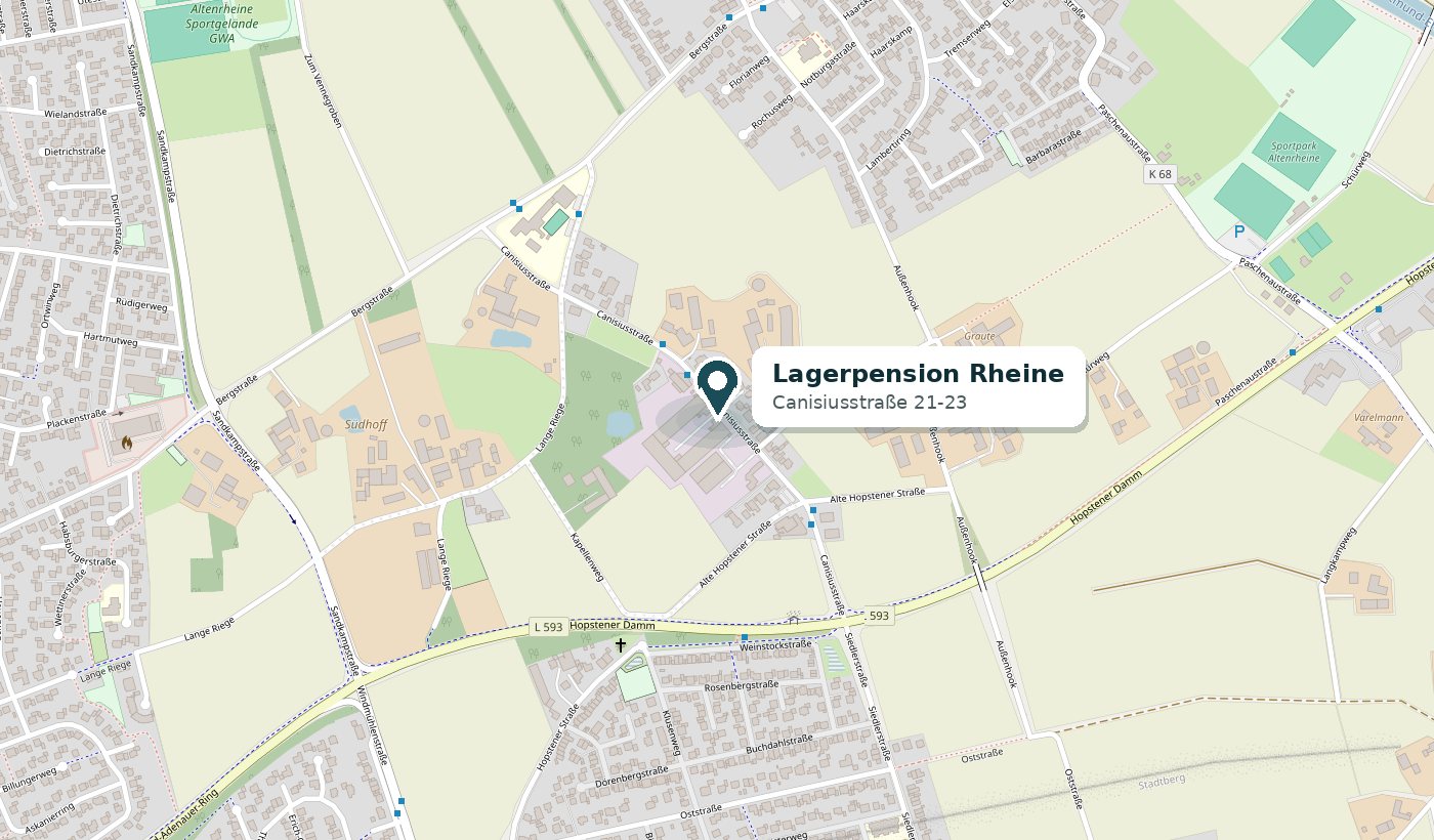 Kartenausschnitt Rheine-Altenrheine mit Markierung der Lagerpension Rheine an der Canisiusstraße 21-23, nahe Hopstener Damm und Feldbrook